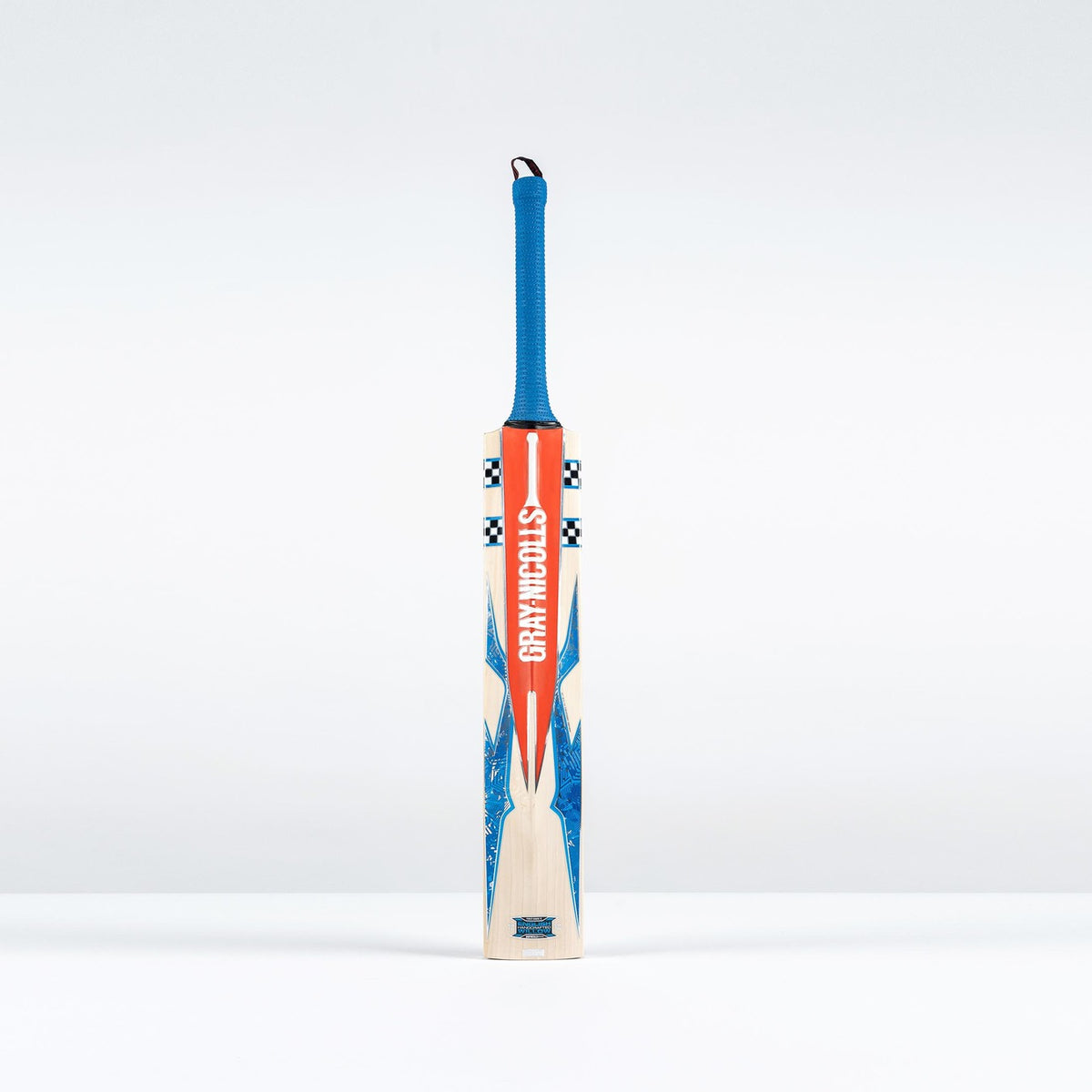 The Gray Nicolls Havoc 1.0 Neocore Players Edition SH 2026 cricket bat, featuring a blue handle, orange and blue design, "STORM" on the front, and a mid sweet spot, stands upright against a plain white background.