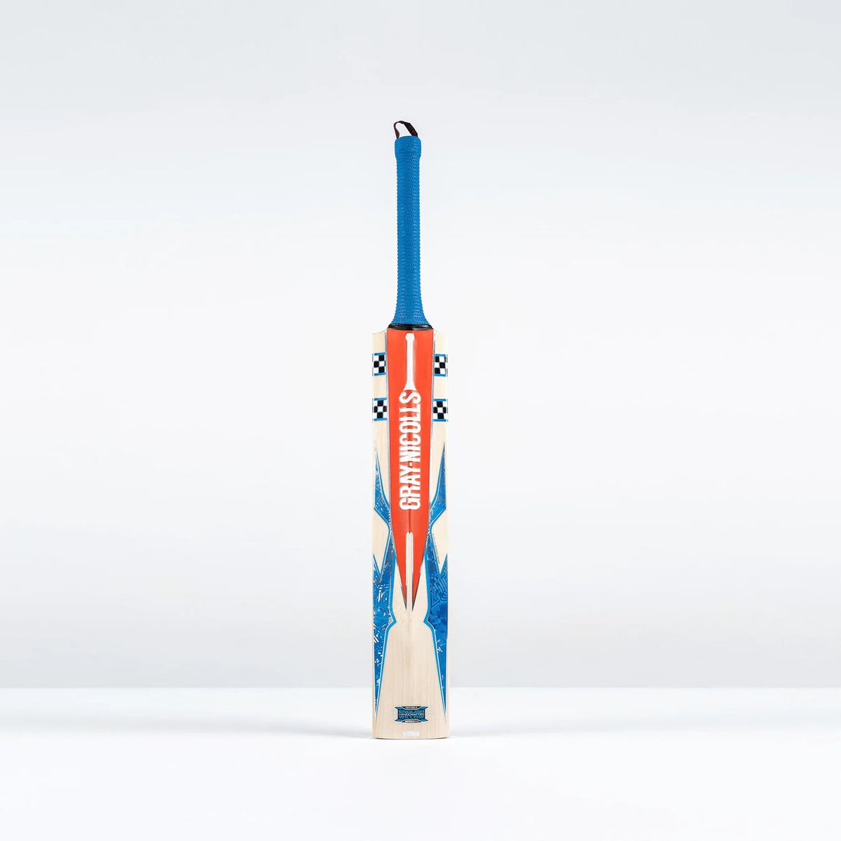 The Gray Nicolls Havoc 1.0 Test Cricket Bat 2026, a lightweight bat with blue and orange design accents and GRAY-NICOLLS text on the front, stands upright against a plain white background.