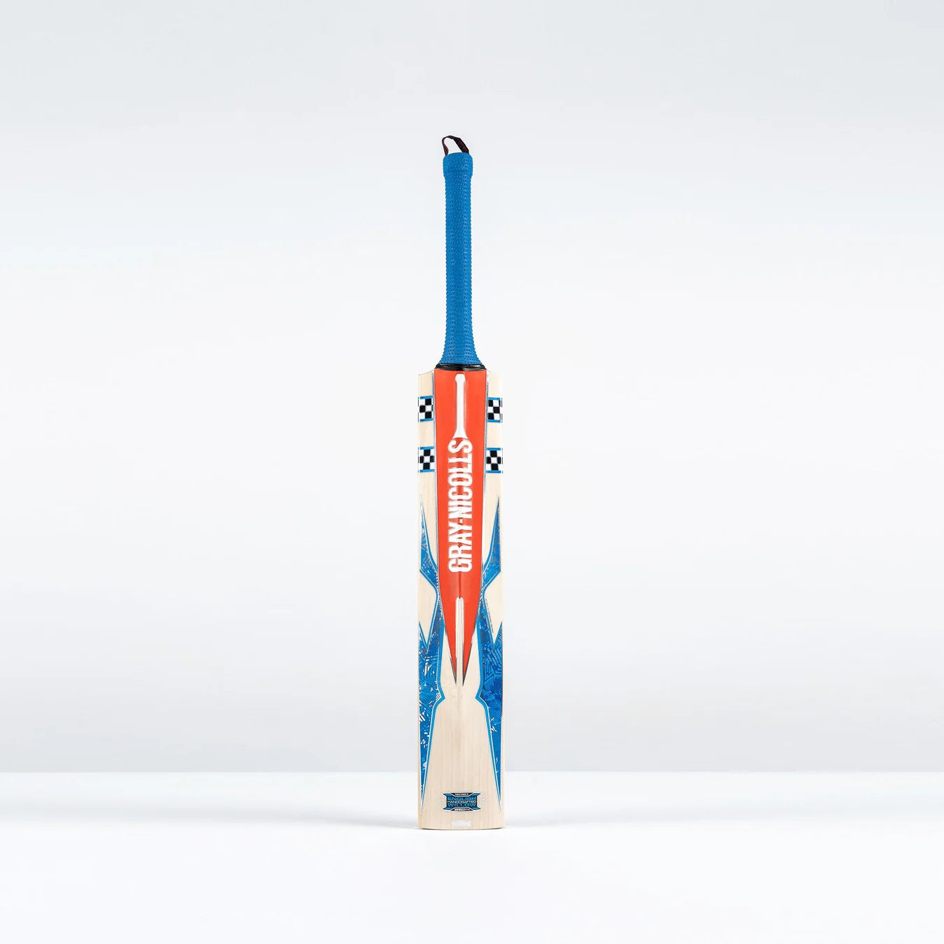 The Gray Nicolls Havoc 1.0 Test Cricket Bat 2026, a lightweight bat with blue and orange design accents and GRAY-NICOLLS text on the front, stands upright against a plain white background.