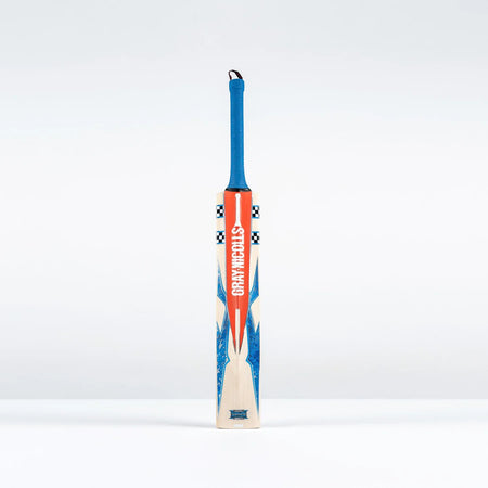 The Gray Nicolls Havoc 1.0 Test Cricket Bat 2026, a lightweight bat with blue and orange design accents and GRAY-NICOLLS text on the front, stands upright against a plain white background.
