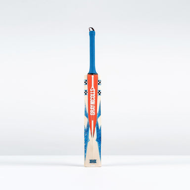 The Gray Nicolls Havoc 1.0 Neocore Players Edition SH 2026 cricket bat, featuring a blue handle, orange and blue design, "STORM" on the front, and a mid sweet spot, stands upright against a plain white background.