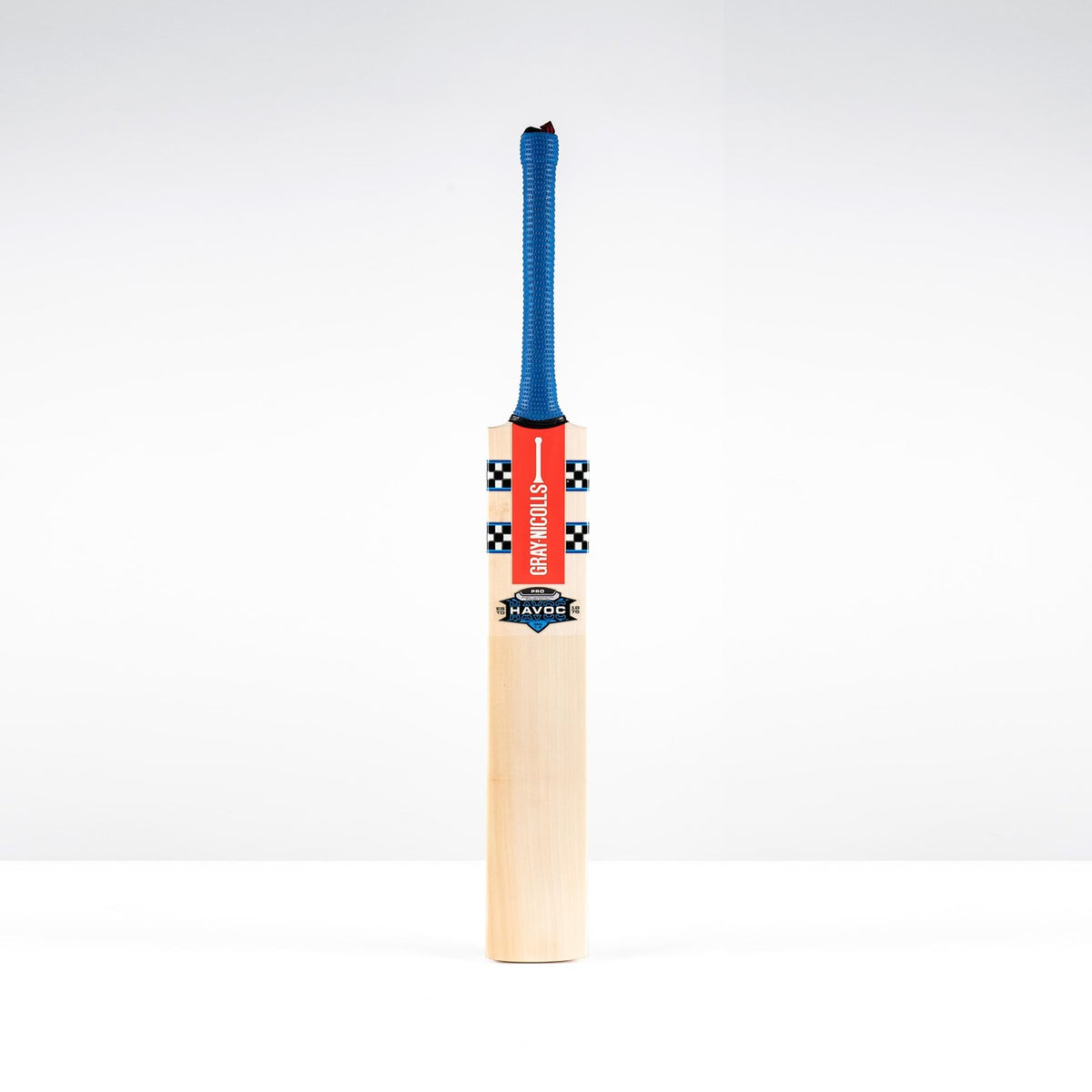 The Gray Nicolls Havoc 1.0 Pro Cricket Bat 2026 stands upright on a white background, featuring a blue grip, an orange and black striped label, and "HAVOC" on the front, offering exceptional balance by Gray Nicolls.