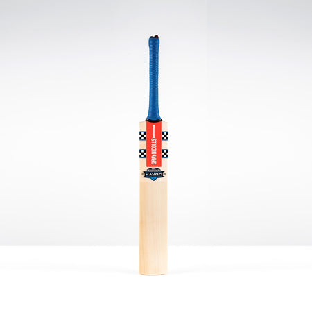The Gray Nicolls Havoc 1.0 Pro Cricket Bat 2026 stands upright on a white background, featuring a blue grip, an orange and black striped label, and "HAVOC" on the front, offering exceptional balance by Gray Nicolls.