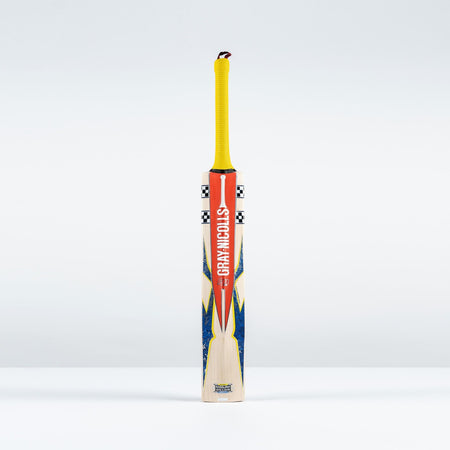 The Gray Nicolls Havoc HB317 Pro Edition SH 2026 cricket bat, featuring a mid-blade profile, yellow grip, and orange-blue accents with Gray Nicolls branding, stands upright against a plain white background.