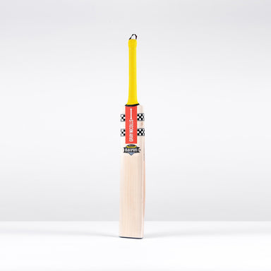 The Gray Nicolls Havoc HB317 GN330+ SH 2026 cricket bat, featuring a yellow grip, red and black label, and flat face, stands upright against a plain white background.