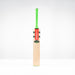 The Gray Nicolls Havoc 1.3 GN550 Junior Cricket Bat 2026, featuring a light blade, green handle, and red front branding, stands upright against a plain white background.