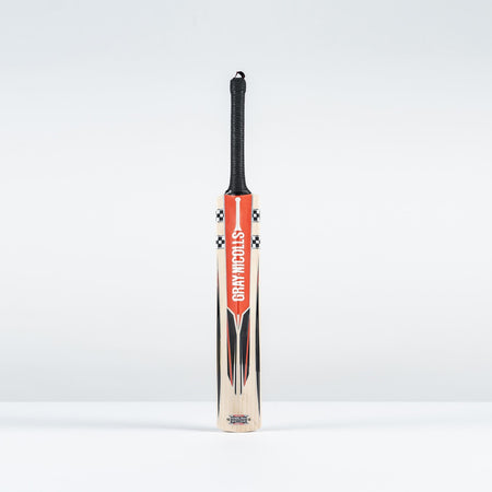 The Gray Nicolls Imperia 1.0 Pro V Lite SH 2026 cricket bat, featuring a black handle and red-black design with GRAY NICOLLS branding, stands upright against a plain light background—ideal as a lightweight bat for players.