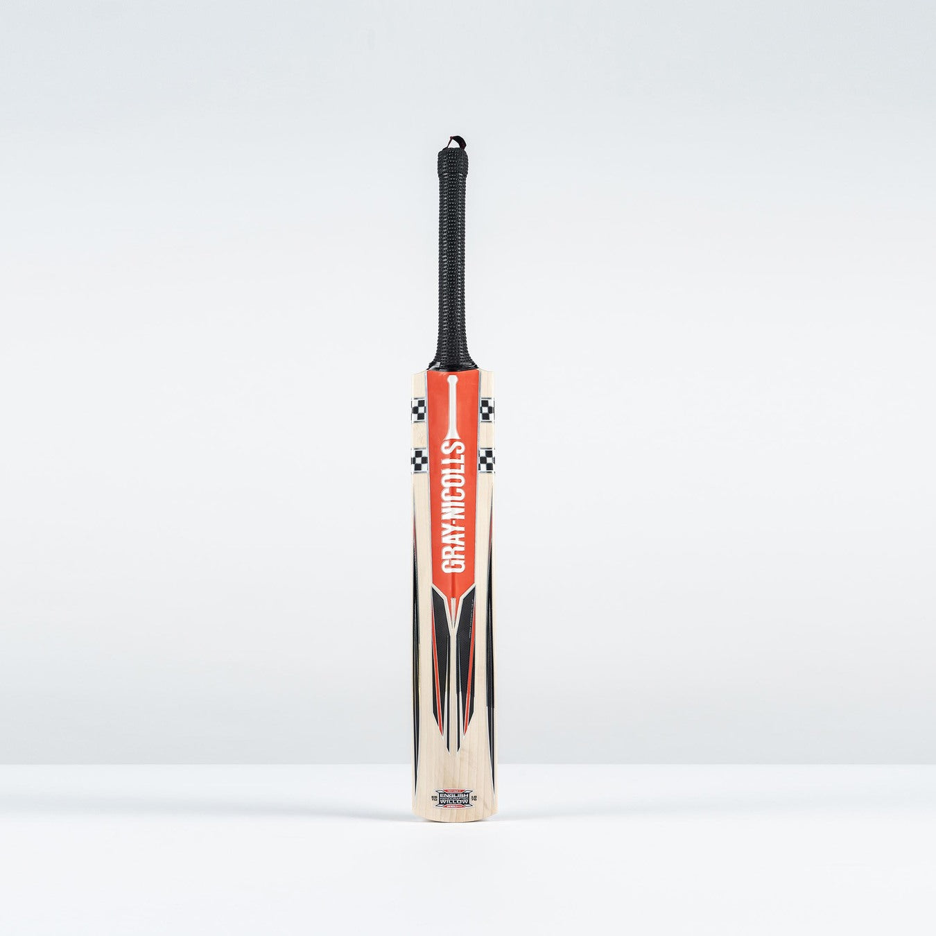 The Gray Nicolls Imperia 1.0 Pro V Lite SH 2026 cricket bat, featuring a black handle and red-black design with GRAY NICOLLS branding, stands upright against a plain light background—ideal as a lightweight bat for players.
