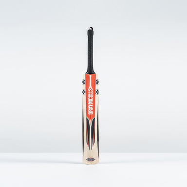 The Gray Nicolls Imperia 1.0 Pro V Lite SH 2026 cricket bat, featuring a black handle and red-black design with GRAY NICOLLS branding, stands upright against a plain light background—ideal as a lightweight bat for players.