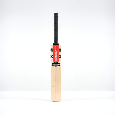 A Gray Nicolls Imperia 1.0 600 Giant SH 2026 cricket bat with a low sweet spot, black grip, and red-black label stands upright against a plain white background.