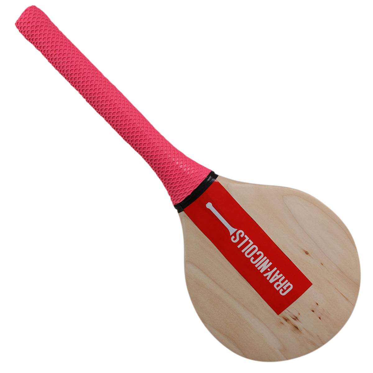 The Gray Nicolls Stoolball Bat features a round wooden face, light natural finish, bright pink textured handle, and a red Gray Nicolls label—perfect for fans of unique school sports equipment.
