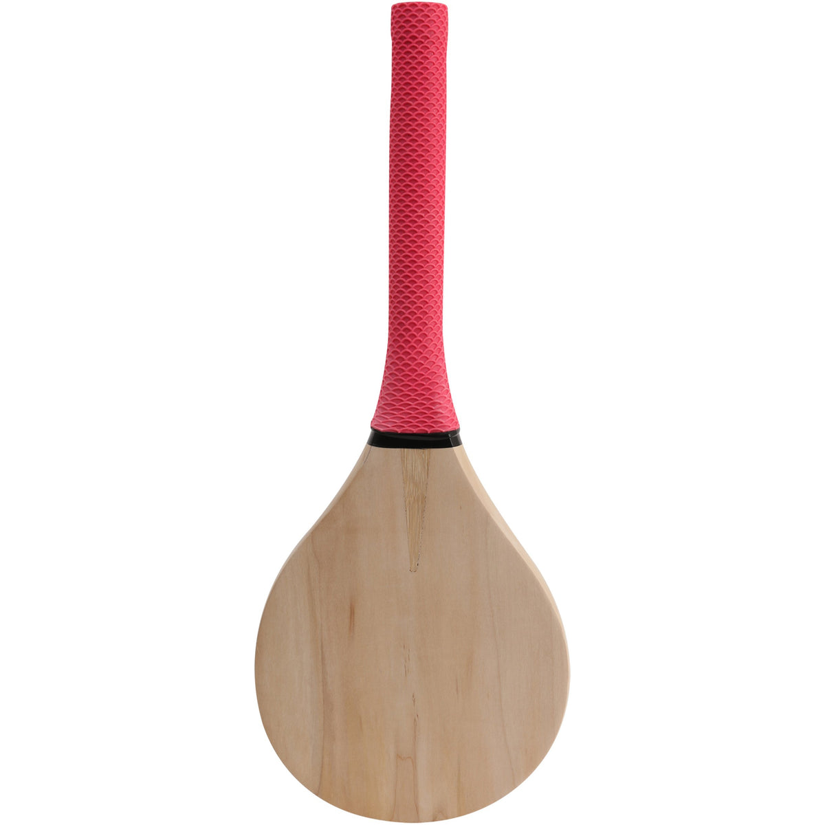 The Gray Nicolls Stoolball Bat by Gray Nicolls features a round face and a pink textured grip, inspired by traditional stoolball bat designs, displayed against a white background.