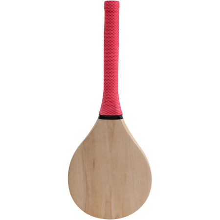 The Gray Nicolls Stoolball Bat by Gray Nicolls features a round face and a pink textured grip, inspired by traditional stoolball bat designs, displayed against a white background.