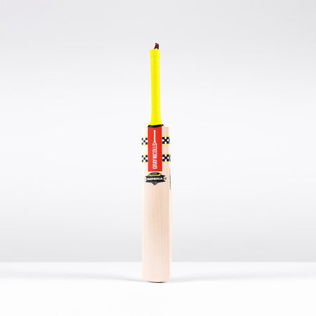 A wooden Gray Nicolls Imperia 1.1 Players Edition SH 2026 cricket bat with a red and black label and yellow grip stands upright against a plain white background.