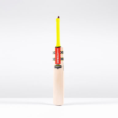 A wooden Gray Nicolls Imperia 1.1 Players Edition SH 2026 cricket bat with a red and black label and yellow grip stands upright against a plain white background.