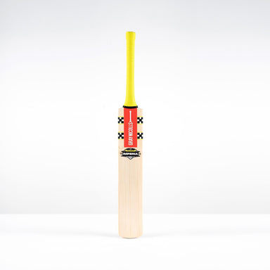 A Gray Nicolls Imperia 1.1 Pro Lite Junior Cricket Bat 2026 with a yellow grip and red label stands upright on a white background, ideal for young cricketers seeking a high-quality Pro Lite bat.
