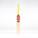 A Gray Nicolls Imperia 1.1 Pro Lite Junior Cricket Bat 2026 with a yellow grip and red label stands upright on a white background, ideal for young cricketers seeking a high-quality Pro Lite bat.