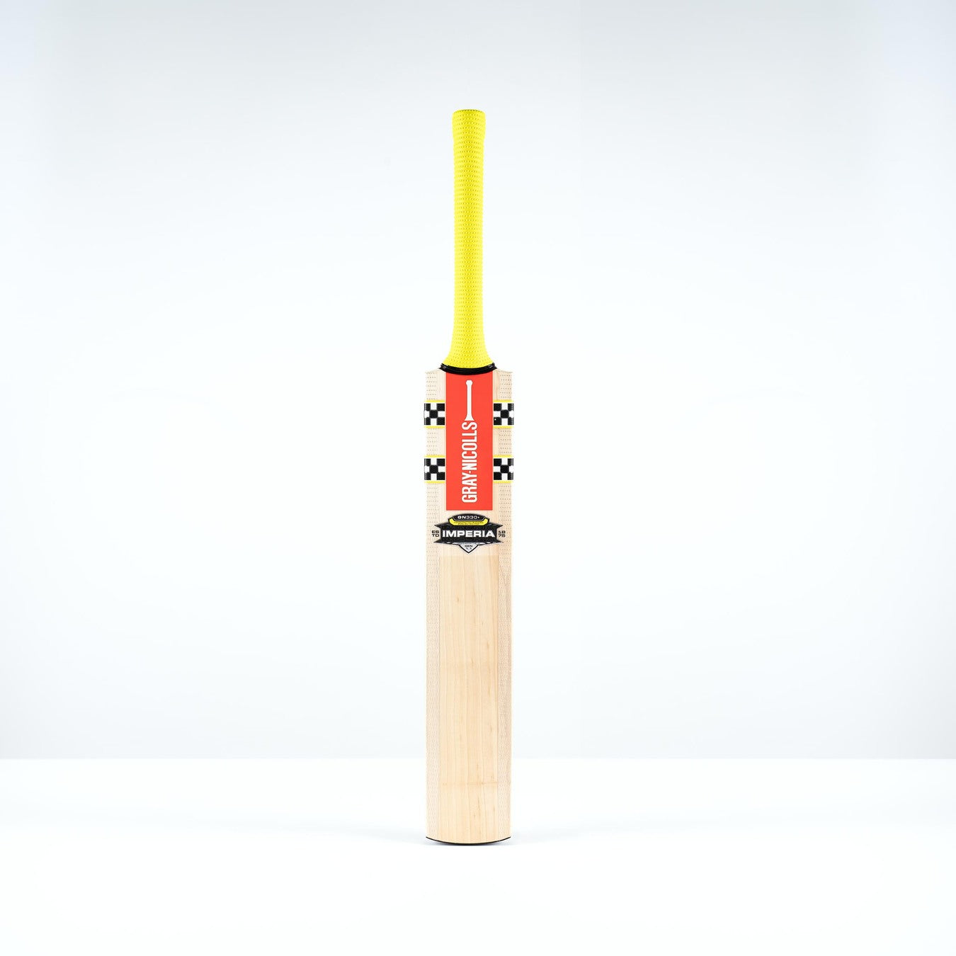 A Gray Nicolls Imperia 1.1 GN330+ Junior Cricket Bat 2026 with a yellow grip and a red, black, and white GRADE SELECT label stands upright against a plain white background.