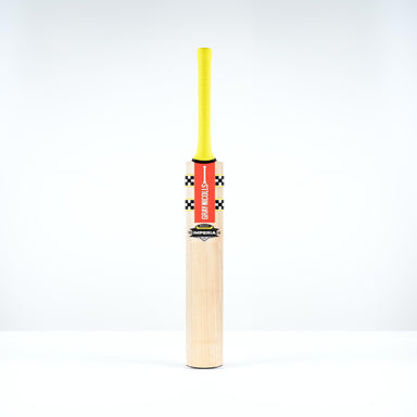 A Gray Nicolls Imperia 1.1 GN330+ Junior Cricket Bat 2026 with a yellow grip and a red, black, and white GRADE SELECT label stands upright against a plain white background.