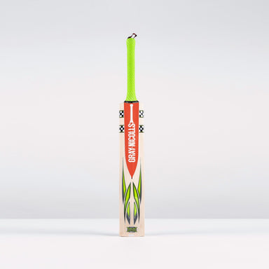 The Gray Nicolls Fusion Pro SH 2026 Cricket Bat stands upright against a plain background, featuring a bright green handle, orange label, green and black flame designs, and a mid-to-low sweet spot for powerful play.