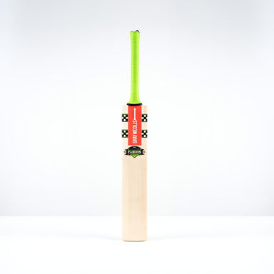The Gray Nicolls Fusion Pro SH 2026 Cricket Bat with a neon green handle stands upright against a white background, featuring a red and black checkered blade sticker and a mid-to-low sweet spot.
