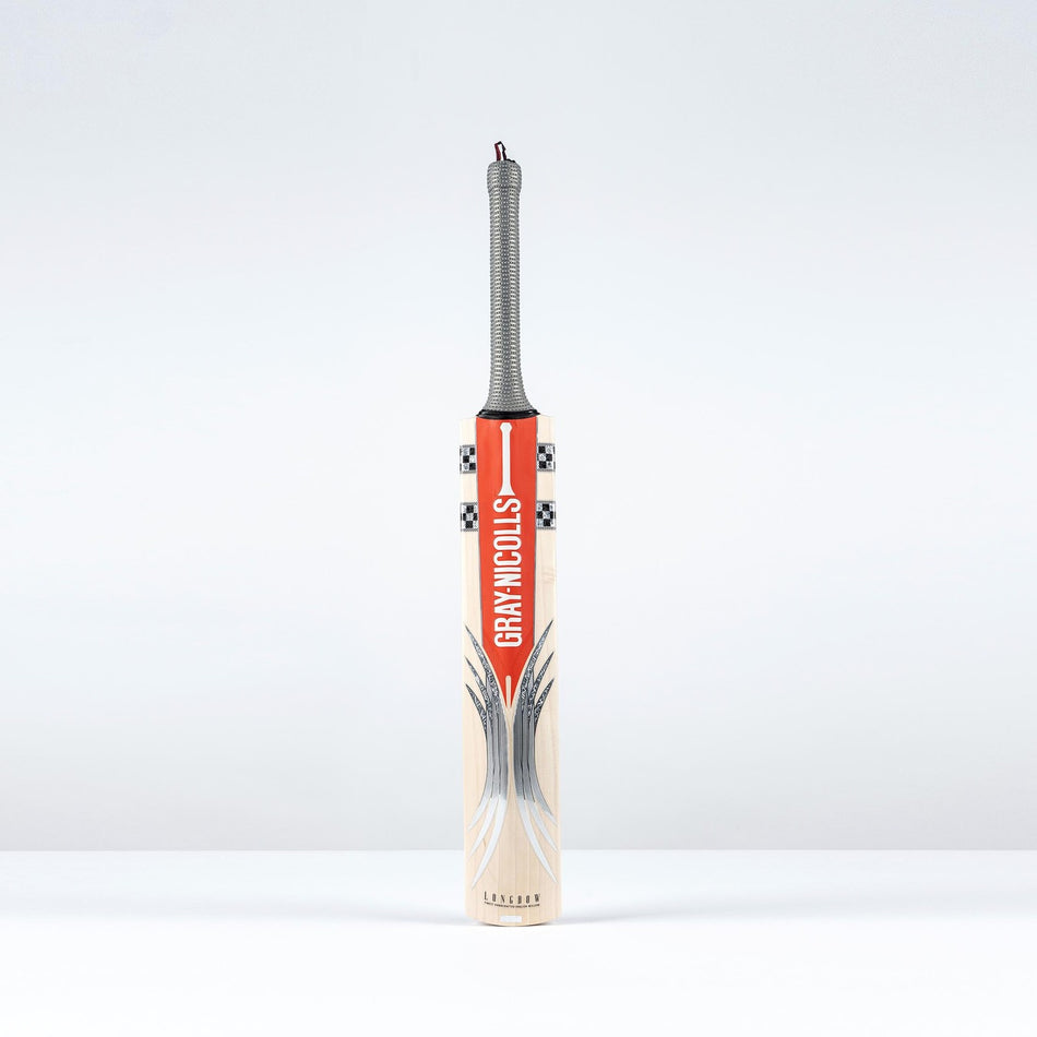 The Gray Nicolls Longbow Pro Junior Cricket Bat 2026 features a mid-to-low sweet spot, gray handle, and bold red branding, standing upright against a plain white background.