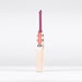 The Gray Nicolls GEM 3.1 Players Edition 2026 cricket bat stands upright on a plain white background, featuring a lightweight design, checkered and red label near the handle, and a purple grip for elite performance.