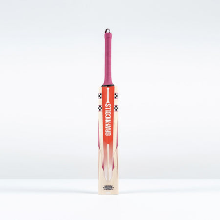 The Gray Nicolls GEM 3.1 Players Edition 2026 cricket bat, featuring a red and orange handle and the Gray Nicolls logo on the blade, stands upright against a white background—ideal for elite performance seekers.