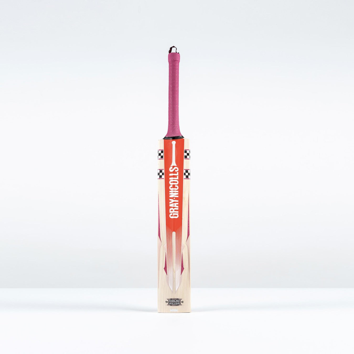 The Gray Nicolls GEM 3.1 Players Edition 2026 cricket bat, featuring a red and orange handle and the Gray Nicolls logo on the blade, stands upright against a white background—ideal for elite performance seekers.