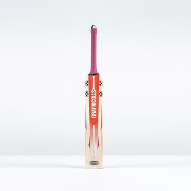 The Gray Nicolls GEM 3.1 Players Edition 2026 cricket bat, featuring a red and orange handle and the Gray Nicolls logo on the blade, stands upright against a white background—ideal for elite performance seekers.