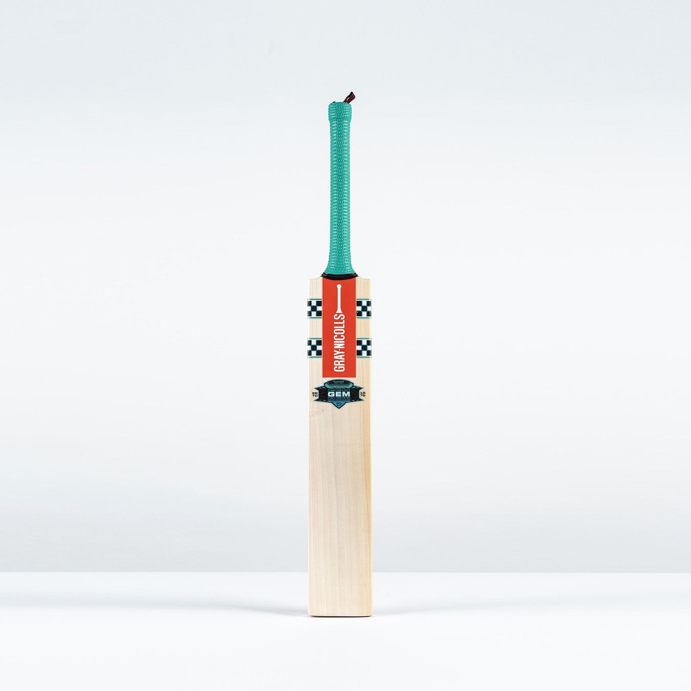 The Gray Nicolls GEM 3.0 Players Edition 2026 Cricket Bat, featuring a teal handle and orange-black checkered label, stands upright on a plain white background.