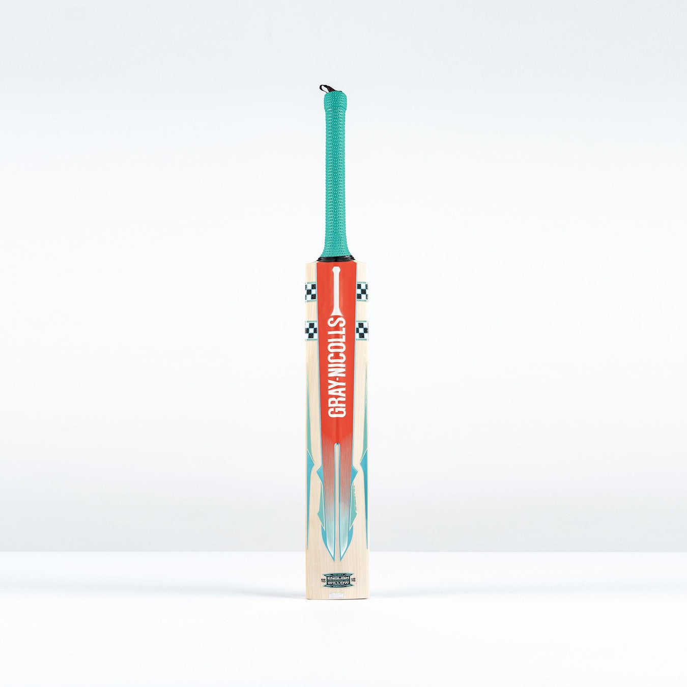 A Gray Nicolls GEM 3.0 GN550 Cricket Bat 2026 stands upright on a white surface, displaying a green grip, orange and blue accents, and the Gray Nicolls brand printed vertically—an ultra-light bat ideal for fast play.