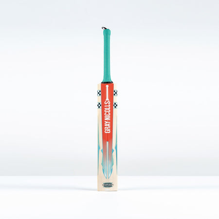 A Gray Nicolls GEM 3.0 GN550 Cricket Bat 2026 stands upright on a white surface, displaying a green grip, orange and blue accents, and the Gray Nicolls brand printed vertically—an ultra-light bat ideal for fast play.