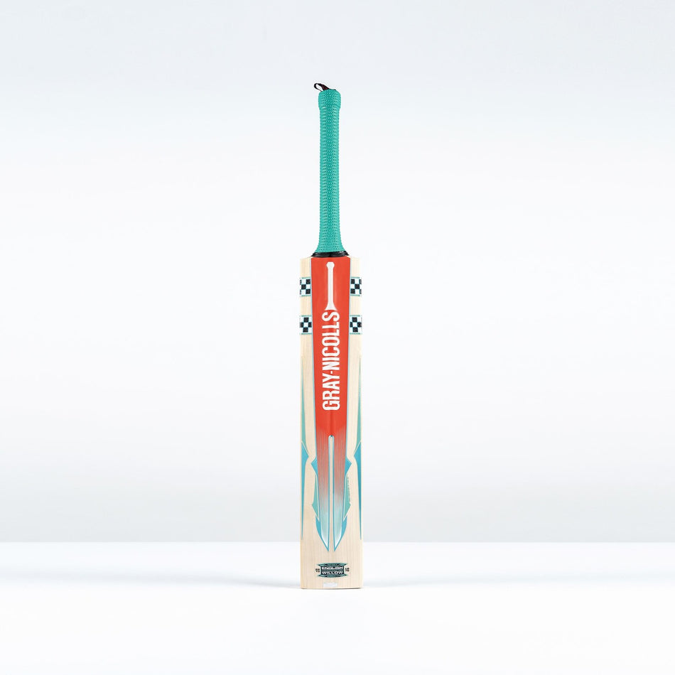 A Gray Nicolls GEM 3.0 GN550 Cricket Bat 2026 stands upright on a white surface, displaying a green grip, orange and blue accents, and the Gray Nicolls brand printed vertically—an ultra-light bat ideal for fast play.