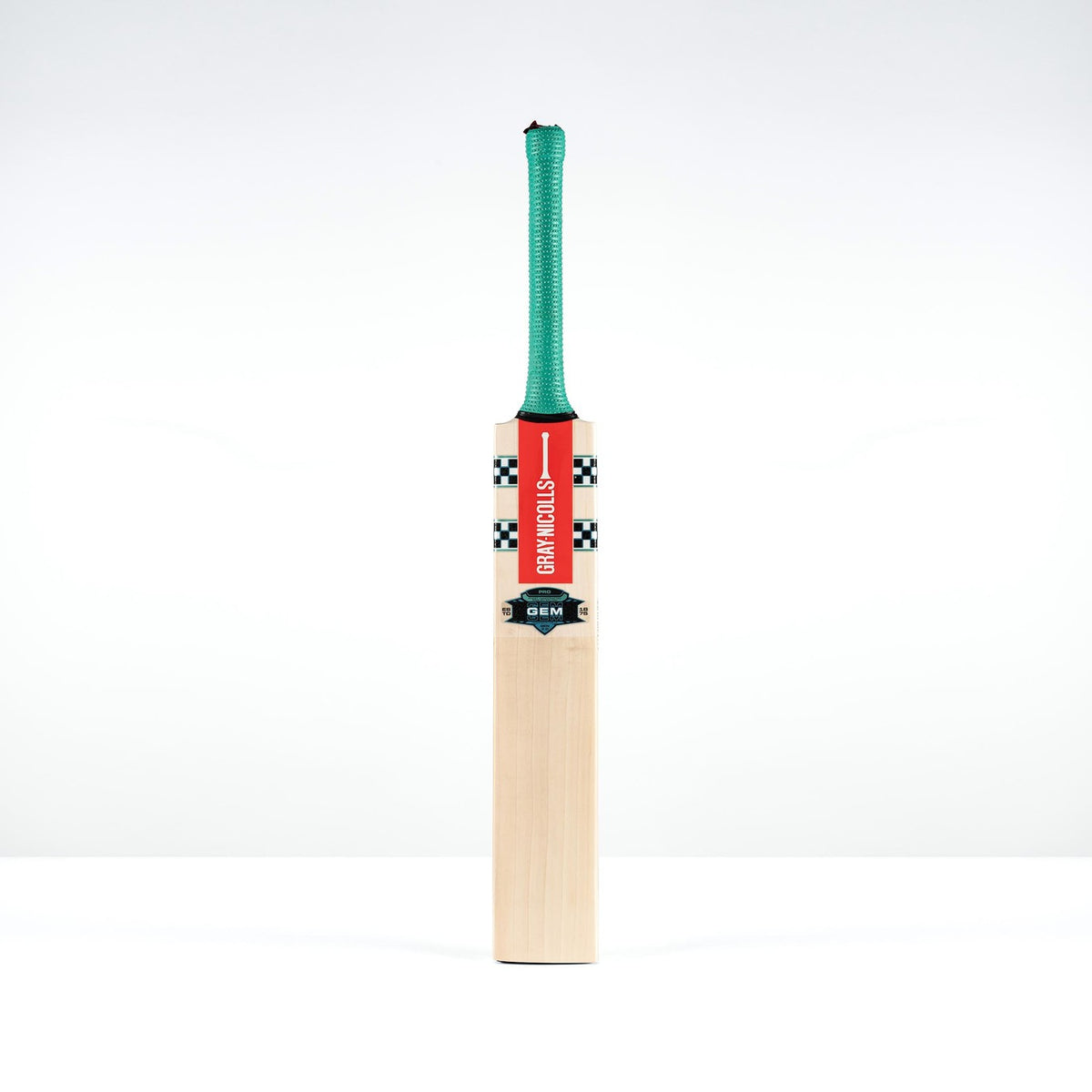 The ultra-light Gray Nicolls GEM 3.0 GN550 Cricket Bat 2026 features a sleek wooden blade, green grip, and red/black GEM label—ideal for fast play—displayed upright on a white background.