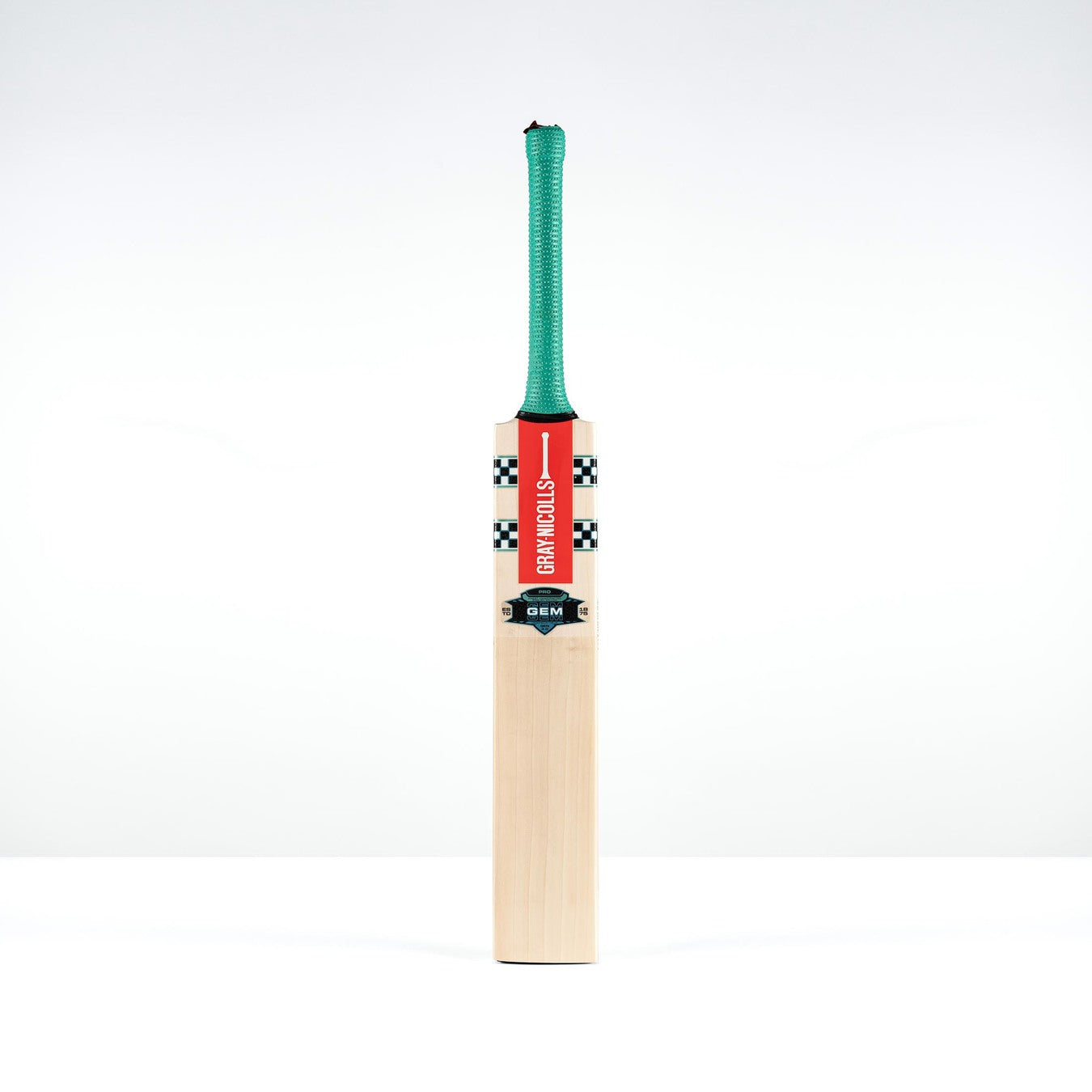 The ultra-light Gray Nicolls GEM 3.0 GN550 Cricket Bat 2026 features a sleek wooden blade, green grip, and red/black GEM label—ideal for fast play—displayed upright on a white background.