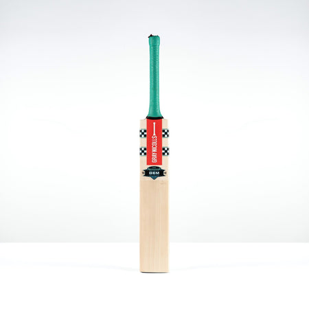 The ultra-light Gray Nicolls GEM 3.0 GN550 Cricket Bat 2026 features a sleek wooden blade, green grip, and red/black GEM label—ideal for fast play—displayed upright on a white background.