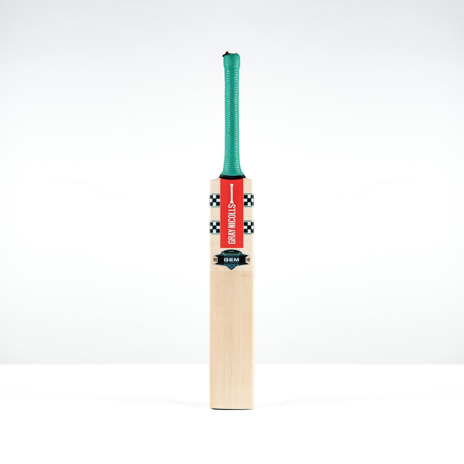 The ultra-light Gray Nicolls GEM 3.0 GN550 Cricket Bat 2026 features a sleek wooden blade, green grip, and red/black GEM label—ideal for fast play—displayed upright on a white background.