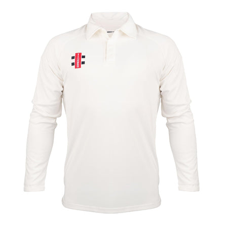 The Gray Nicolls Rockhampton CC Pro Performance V3 Junior Long Sleeve Shirt in white features a collar and a red, black, and white logo on the left chest. This anti-UV cricket shirt is shown on a plain white background.