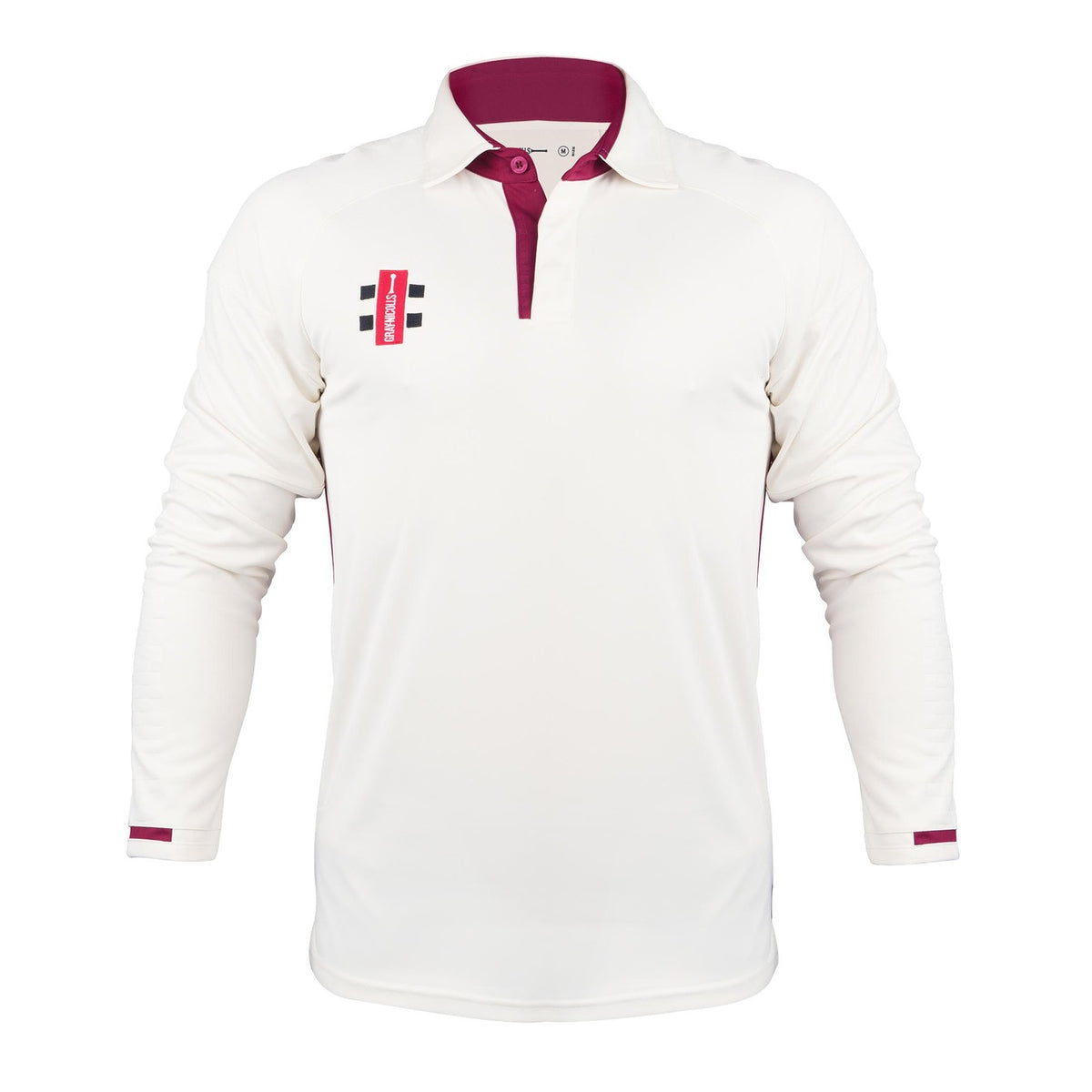 The Gray Nicolls Penallt & Redbrook CC Pro Performance V3 Long Sleeve Match Shirt features white fabric with maroon accents on the collar, placket, and cuffs, a red and black left-chest logo, and anti-bacterial sportswear technology for comfort.