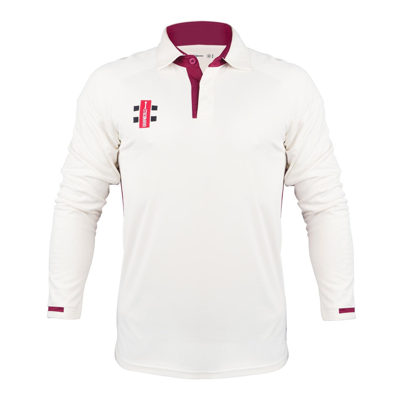 The Gray Nicolls Penallt & Redbrook CC Pro Performance V3 Long Sleeve Match Shirt features white fabric with maroon accents on the collar, placket, and cuffs, a red and black left-chest logo, and anti-bacterial sportswear technology for comfort.