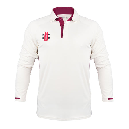 The Gray Nicolls Penallt & Redbrook CC Pro Performance V3 Long Sleeve Match Shirt features white fabric with maroon accents on the collar, placket, and cuffs, a red and black left-chest logo, and anti-bacterial sportswear technology for comfort.