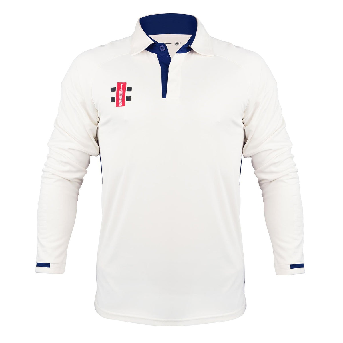 The Gray Nicolls Arcadians Nine Elms CC Pro Performance V3 Long Sleeved Cricket Shirt features a white design with navy collar and cuff accents, plus a small red and black club logo on the left chest for pro-level style.