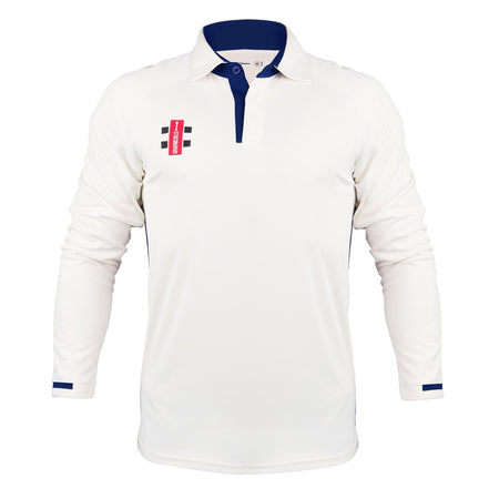 The Gray Nicolls Arcadians Nine Elms CC Pro Performance V3 Long Sleeved Cricket Shirt features a white design with navy collar and cuff accents, plus a small red and black club logo on the left chest for pro-level style.