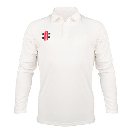 The Gray Nicolls Pro Performance V3 Cricket Shirt 12 Pack features long sleeves, a collar, and a small red, black, and white logo on the left chest. This plain white shirt has no other visible markings or designs.
