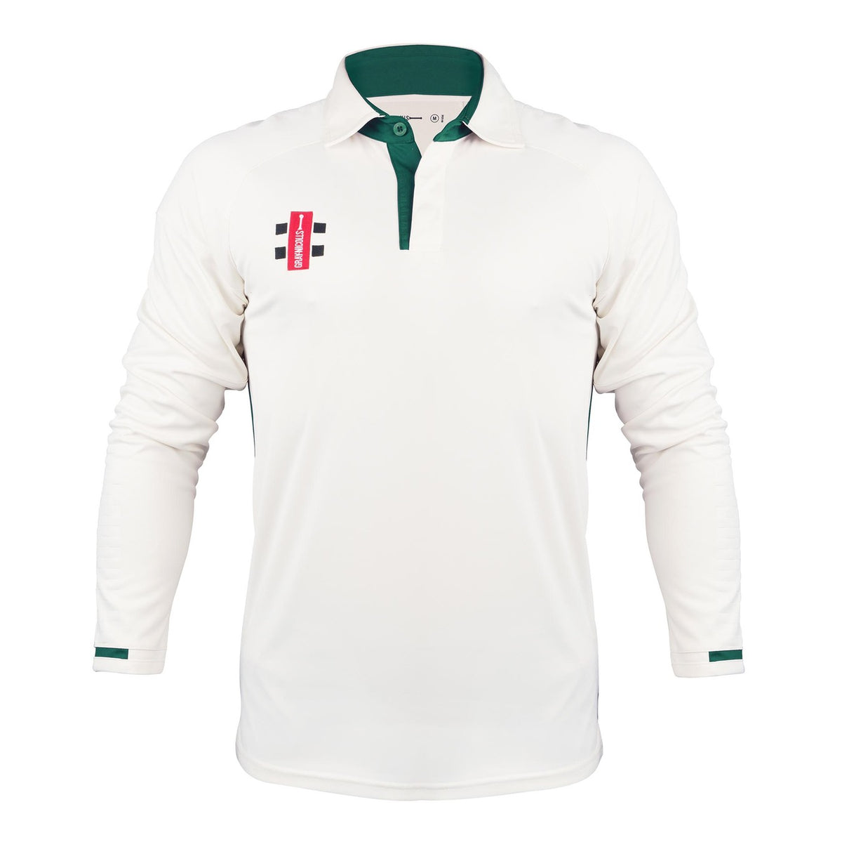 The Gray Nicolls Pro Performance V3 Long Sleeve Shirt features green-trimmed collar and cuffs, a red and black logo on the left chest, and anti-UV fabric to keep you protected and comfortable throughout long cricket matches.