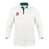 The Gray Nicolls Pro Performance V3 Long Sleeve Shirt features green-trimmed collar and cuffs, a red and black logo on the left chest, and anti-UV fabric to keep you protected and comfortable throughout long cricket matches.