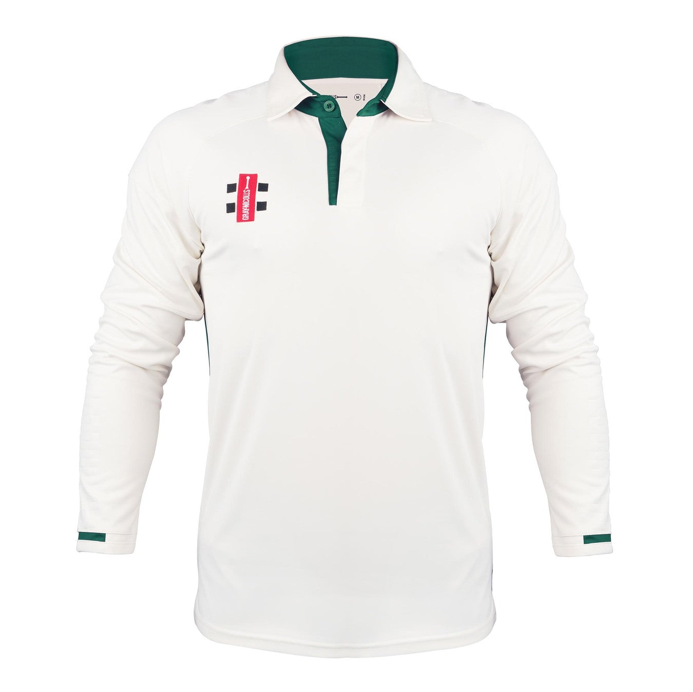 The Gray Nicolls Pro Performance V3 Long Sleeve Shirt features green-trimmed collar and cuffs, a red and black logo on the left chest, and anti-UV fabric to keep you protected and comfortable throughout long cricket matches.