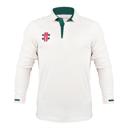 The Gray Nicolls Pro Performance V3 Long Sleeve Shirt features green-trimmed collar and cuffs, a red and black logo on the left chest, and anti-UV fabric to keep you protected and comfortable throughout long cricket matches.