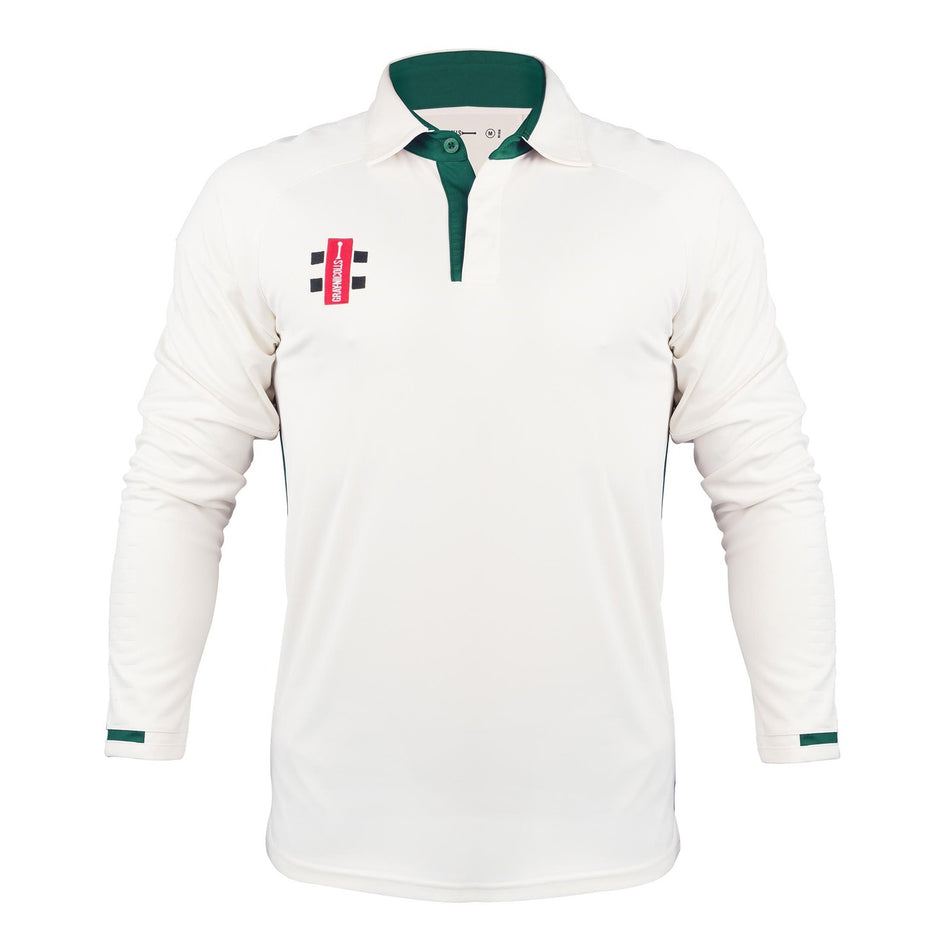 The Gray Nicolls Pro Performance V3 Long Sleeve Shirt features green-trimmed collar and cuffs, a red and black logo on the left chest, and anti-UV fabric to keep you protected and comfortable throughout long cricket matches.